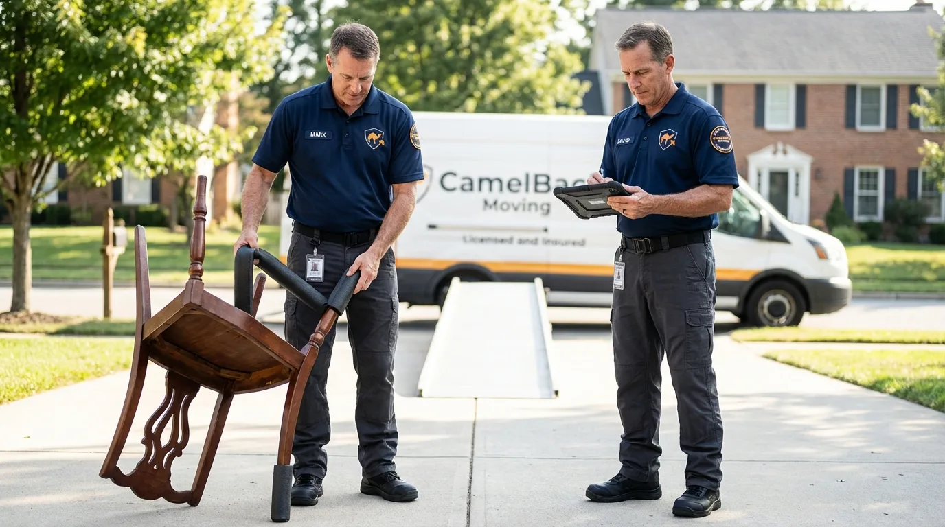 Movers inspecting furniture for damage prevention before loading in Jonesville, VA